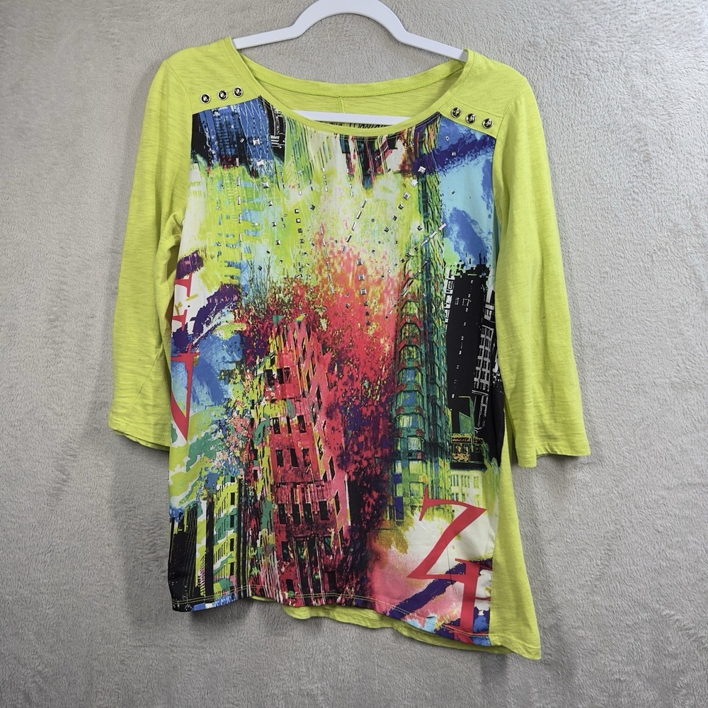 Onque Casuals Vibrant 3/4 Sleeve Graphic Top Women's Size S‎ Art To Wear